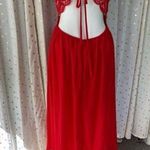 Latulle Red Lace Embroidered Applique Sheer Chiffon Flowy Front Slits Prom Dress Photo 2