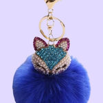 Fluffy Fox Blue Rose Pink Pearl and Gold Rhinestone Pom Bag Charm Keychain Photo 1