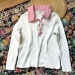 St. John Sport Women’s Ribbed Collar Sweater Cotton Blend Lace Up Neckline Large White Photo 0