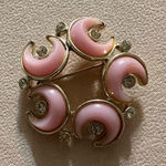 Vintage Kramer Gold Tone Circle W Pink Moons & Clear Rhinestones Pin Brooch Photo 0