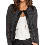 IRO  38 US 4 Lina Knit Gray Wool Blend Leather Trim Moto Jacket Women’s Open Knit Photo 0