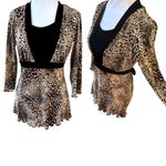 Y2K LEOPARD KRINKLE BOW RIBBON TIE 2000'S VINTAGE BLOUSE TOP MEDIUM‎ Brown Photo 2