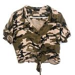 Storia  Brown Black Tan Camo Camouflage Short Sleeve Tie Button Down Crop Top M Photo 0