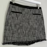 Rebecca Taylor Lamb Leather Trim Linen Tweed Fringe Mini Skirt Grey Black Size 4 Photo 2