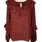 Sonoma  Medium Top Floral Ruffled Long Sleeve Tie Keyhole Neck Dark Rust Multi Photo 0