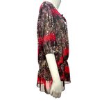 AGB XL Sheer Lace Tunic Red Black Snake Tie Neck Blouse Romantic Abstract Print Photo 6