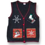 Holiday Editions Black Printed Knit Sweater Vest Festive Embroidery Red Plaid Size L Photo 9