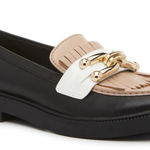 Marc Fisher Black, Cream, and Tan Loafers with Gold Detail Photo 0