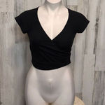 Pink Rose  Black Ribbed Wrap Crop Top – Size S Photo 0