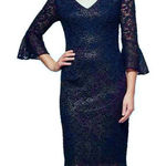 Alex Evenings Navy Blue Gold Lace Illusion V Neck Bell Sleeve Sheath Dress 14 Photo 0