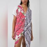 Free People  Knot Me Floral Geometric Scarf Mix Media Tie-Front Blouse Top L Photo 2