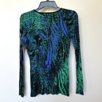 Cashe Sweater Women’s Med Full Zip Stretchy Green Purple Artsy Photo 2