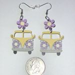 Huge Yellow Bus Purple Flower Dangling Boho Pierced Earrings Photo 2