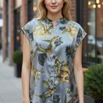 Elie Tahari  Womens Floral Satin Top Party Blouse Size S Gray Blue Short Sleeve Photo 0