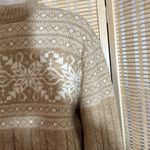 Vintage Tan White Snowflake Pattern Ribbed Braided Tight Knit Sweater Large Photo 12