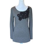 Garnet Hill Embellished Long Sleeve Top Womens Small Gray Black Photo 0