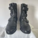 Rebecca Minkoff  Black Leather MOTO Boots Sz 7 Buckles Full Zipper Heel Great Con Photo 2