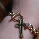 Cable Chain Cross Charm Ion Plated Yellow Gold Stainless Steel Bracelet (8 Inch) Photo 6