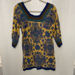 Free People  Yellow Blue Medallion Print 3/4 Sleeve Tunic Top Sweater Size Small Photo 1