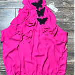 NY & Company Pink‎ Ruffle Sleeveless High Neck Blouse Black Butterflies L Petite Pink Size undefined Photo 0