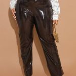 Pretty Little Thing NWT Plus Chocolate Brown Vinyl Seam Front Wide Leg Trouser Photo 0