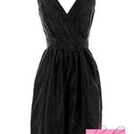 White House | Black Market WHBM Textured Silk Dress Black A-Line Belt V-Neck Ruched Knee-Length Sleeveless Photo 0