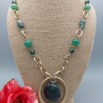 Lia Sophia Gold Tone & Green Chunky Chain Pendant Necklace Statement Boho 18" Photo 2