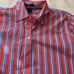 CHAPS  Women’s Orange Striped Button Up Collared Long Sleeves Shirt Photo 1