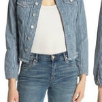 BLANK NYC  Jacket Denim Striped Cropped XS Raw Hem Light Wash Fitted Classic Chic Photo 0