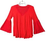 Free People  Shirt Womens Medium Red Just Like Honey Thermal Bell Sleeve Boho Photo 2