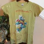 Ed Hardy  sage green Tshirt with fish tattoo youth size‎  L or juniors size XS Photo 0