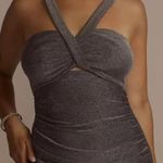 Blue shimmer halter sheath dress with bodice cutout Size 6 Photo 2