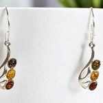 Amber Sterling Silver 925 Drop Earrings Jewelry With Multicolor Oval Cabochons Photo 0