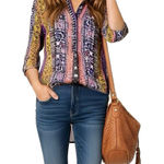 Nine West  Jeans Womens Blouse Small Long Sleeve Boho Patchwork Hipster Eclectic Photo 0