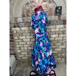 party dress floral drop waist puff sleeve swing skirt pink teal blue 1980s Size 12 Photo 6
