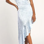 Lulus  Love It Light Blue Satin Floral Jacquard Asymmetrical Midi Dress Blue M Photo 0