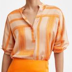 Mango  MNG Satin Print Blouse Tunic Orange‎ Oversized Long Sleeve Imported Size 6 Photo 2