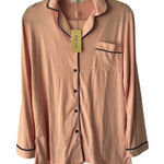 EKOUAER Pajama Top Sleepwear Button Down Long Sleeve Pink Black Trim Photo 0