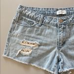 Jessica Simpson Light Blue Jean Shorts Distressed Crochet Lace Patchwork Size 28 Photo 1