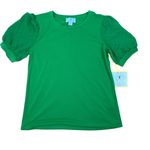 CeCe NWT  Green Dotted Puff Sleeve Mixed Media Stretch Blouse Top Size XS Photo 3