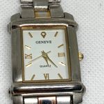 Vtg 80s Geneve Mens Analog Tank Scroll Silver gold Tone quartz 26mm running Photo 1