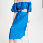 Farm Rio Blue Off-Shoulder Linen Midi Knot Dress Cutout Size L NWT Photo 1