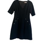 Trina Turk  Valentina Short Sleeve Sheath Dress Black Gold Button Detail Size 6 Photo 4