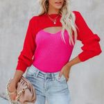 VICI NEW- ROZIE COLORBLOCK CROP KNIT CUTOUT SWEATER - RED PINK Photo 1