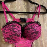 Hot Pink Black Lace Padded Push Up Tie Back Baby Doll Lingerie Med NWOT Photo 2