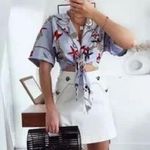 ZARA  nautical tie front top cropped short sleeve coastal anchor sailor blouse Photo 11