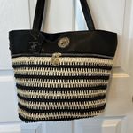 Beverly Hills Polo Club ‎ Tan & Black Woven Straw Faux Leather Tote Boho Beach Photo 9