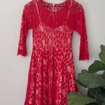 Free People Floral Lace Mesh Dress in Hot Red Attached Adjustable Slip Scalloped Photo 3