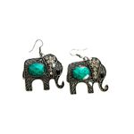 Elephant Dangle Earrings Silver Tone Good Luck Trunk Up Cabochon 2" long Photo 2
