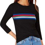 Crave fame New Striped Rib Knit Top 3/4 Sleeve Crewneck Tee Black Multi Juniors Photo 0